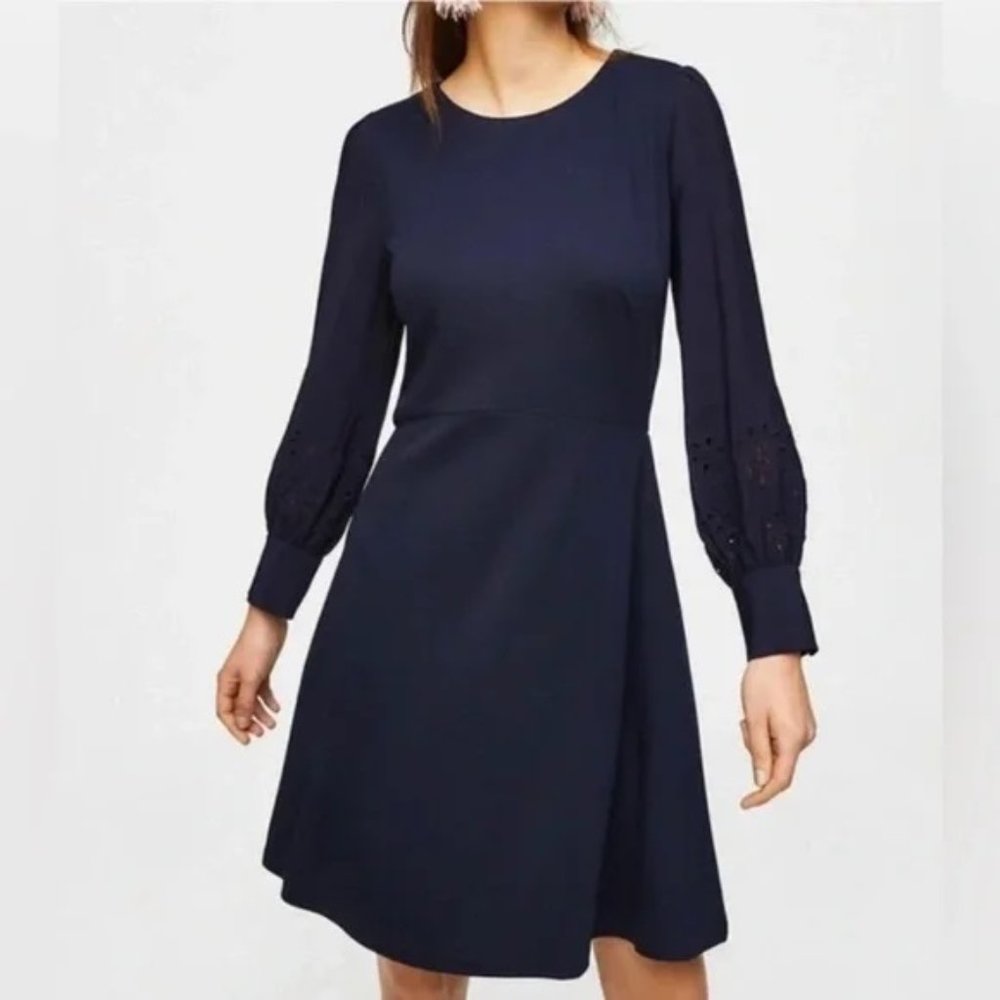 LOFT | Knit A-Line Dress with Crepe Eyelet Sleeves | Navy Blue | 14